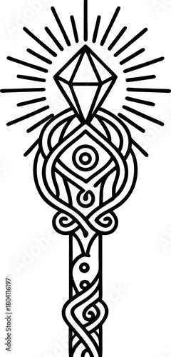 Mystical wizard staff with glowing crystal, intricate magic wand design, radiant fantasy artifact illustration