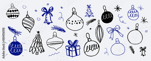 Naïve Doodles of Christmas elements, trees, bells, bows, gifts and pine branches. Simple festive line trend art for cards, stickers and holiday designs.