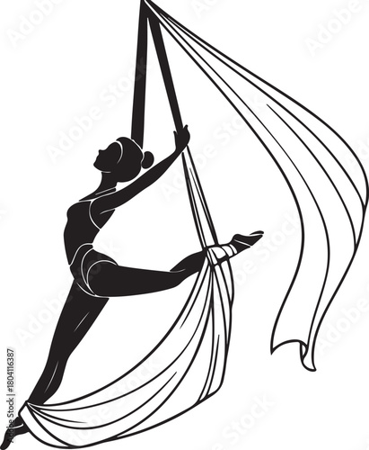 Aerial yoga pose, black silhouette of a woman suspended in a silk hammock
