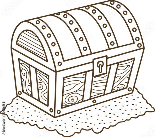 Closed treasure chest on sandy ground, vintage pirate container with ornate patterns and secure lock