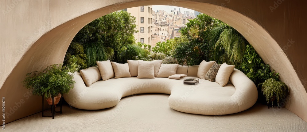 Naklejka premium Lush urban rooftop garden with a curved sectional sofa offering a serene green retreat above cityscape buildings and trees.