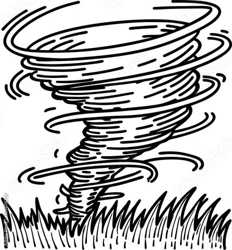 Whirling tornado in motion over grassy field powerful swirling cyclone, natural disaster, weather hazard illustration