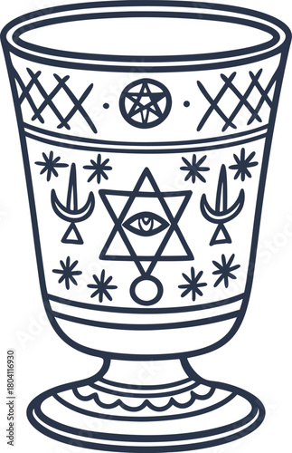 Mystical ornate chalice with esoteric symbols, geometric patterns, and all seeing eye motif in line art