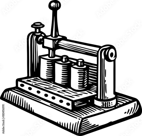 Vintage mechanical book press illustration hand crank metal press machine, retro printing equipment tool engraving