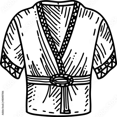 Traditional martial arts kimono with patterned trim and belt hand drawn judo, karate, taekwondo uniform illustration