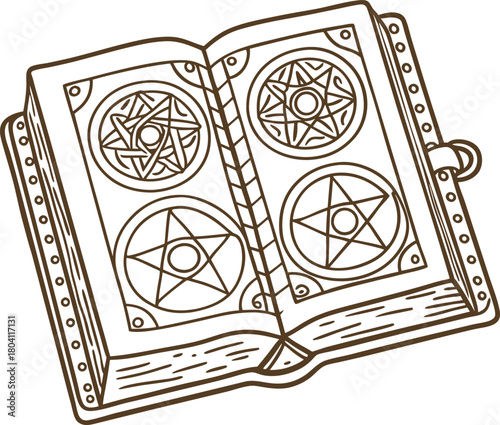 Ancient spellbook open with pentagrams and mystical symbols esoteric magic ritual, alchemy, occult manuscript