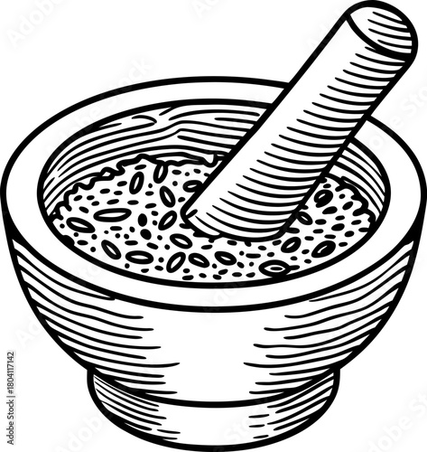 Mortar and pestle with seeds inside, hand drawn sketch herbal medicine, natural cooking, spice grinding tool