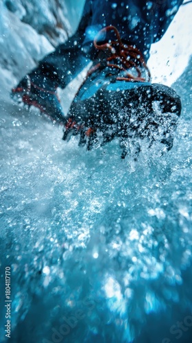 Ice climbing adventure on frozen waterfall, extreme ice climbing challenge, ice climbing outdoor scene, ice climbing, frozen waterfall, winter adventure,