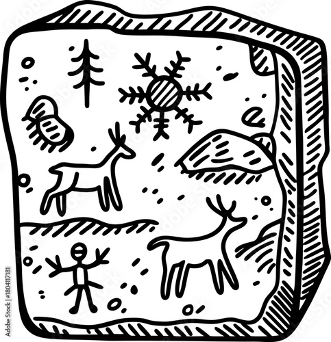 Ice age cave painting illustration ancient animal drawings, snowflake, winter landscape, primitive human art