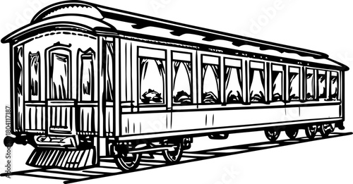 Vintage railway passenger train car, classic transportation vehicle, detailed retro drawing illustration
