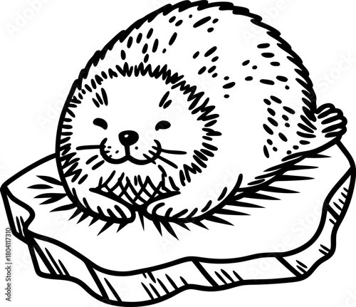 Cute baby seal resting on ice floe hand drawn illustration of fluffy pup arctic animal, winter wildlife