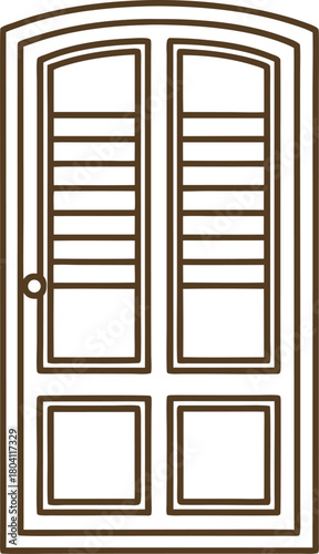 Classic wooden door outline with shutters and decorative panels minimalist vintage doorway, simple brown line art