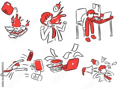 Illustrations about stress. Various illustrations of burnout, depression, piling up work, and fatigue.