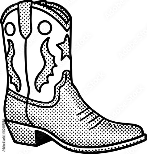 Western cowboy boot illustration black and white engraving footwear with decorative stitching, classic ranch symbol