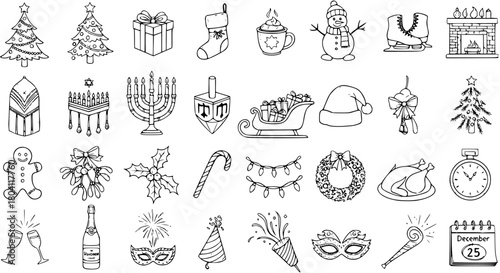 Holiday Doodle Icons: Festive Hand-Drawn Vector Set for Christmas  New Year Celebrations