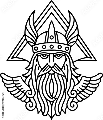 Viking warrior face with horned helmet, winged beard and geometric triangle norse mythology, ancient nordic symbol