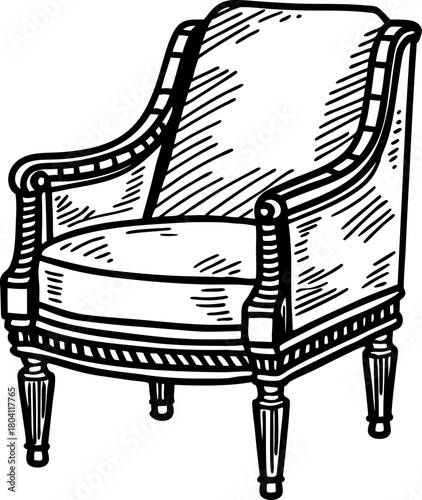 Elegant vintage armchair illustration hand drawn classic seat with upholstered cushion and carved wooden legs design