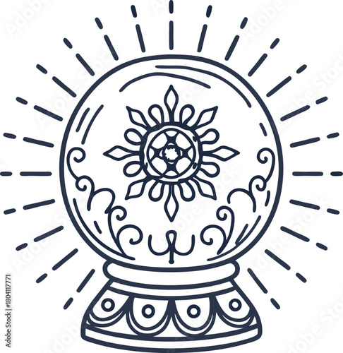 Mystical crystal ball with floral pattern, ornate base, and radiating lines fortune telling, magic, esoteric symbol