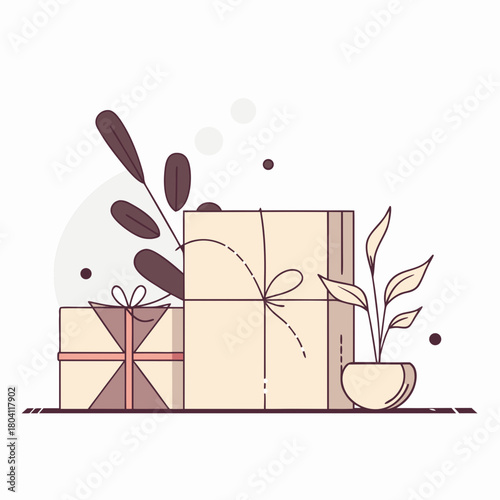 Gift boxes with ribbons and potted plant in minimalist style  