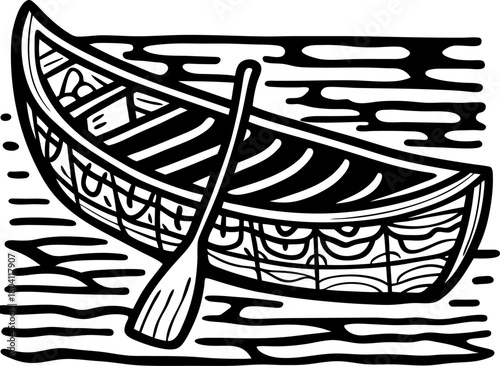 Wooden canoe and single paddle floating on calm water vintage hand drawn illustration, outdoor adventure scene
