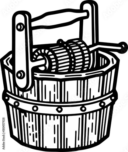 Hand crank wooden butter churn vintage kitchen utensil, rustic antique tool for dairy and farmhouse decor