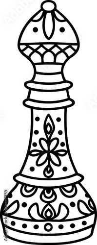 Ornate chess bishop piece with floral patterns, detailed black and white  illustration, abstract decoration