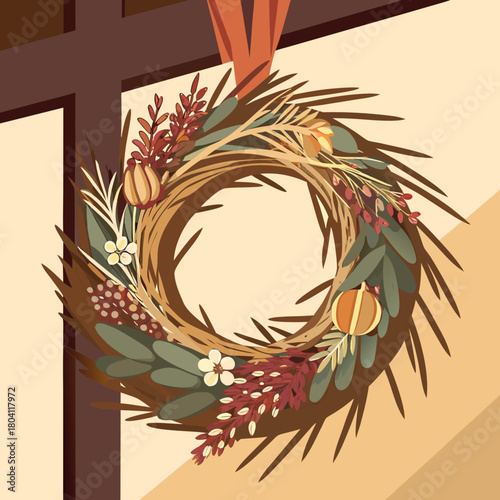 Decorative autumn wreath with leaves and flowers hanging indoors  