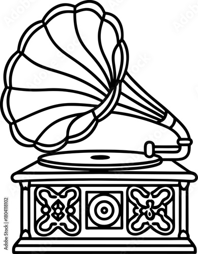 Vintage gramophone illustration with ornate details classic retro music player, old fashioned turntable device design