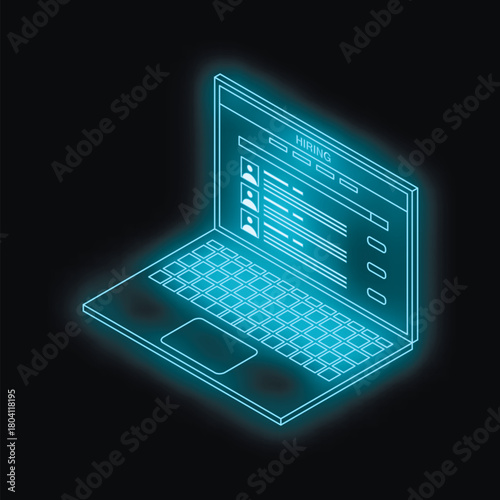 Neon blue laptop showing hiring page with candidates list on black background