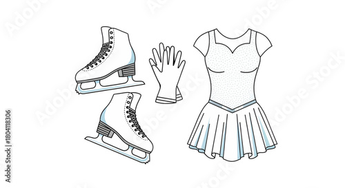 Figure Skating Outfit and Equipment Illustration Ice Skates, Dress, and Gloves