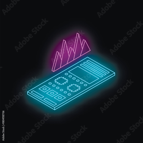 Glowing mobile phone with microchips and increasing chart symbolizes technological advancement and data analysis in business