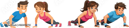 Cartoon illustration of active boys and girls doing push up exercises together, demonstrating strength training, fitness motivation, healthy lifestyle and fun workout teamwork activity
