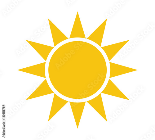 Bright yellow sun with sharp rays symbolizes warmth, energy, and the summer season, bringing a sense of joy and vitality