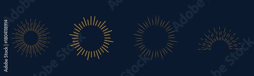 Gold sunburst collection isolated on dark blue background. Sun light rays in line art style. Bursting golden sun rays for logo, emblem, boho, tattoo and banners. Vector illustration