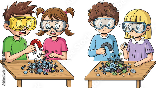 Cartoon illustration of children wearing safety goggles doing magnet science experiments, exploring magnetic objects, learning physics concepts, teamwork, curiosity and fun classroom activity