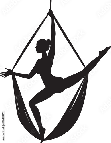 Aerial yoga pose, black silhouette of a woman suspended in a silk hammock