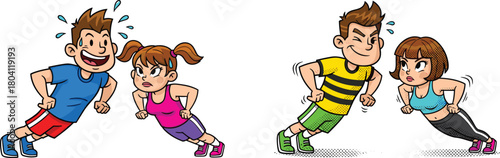 Cartoon illustration of energetic boys and girls doing push up exercises together, showing teamwork, fitness motivation, strength training, healthy lifestyle and fun workout activity