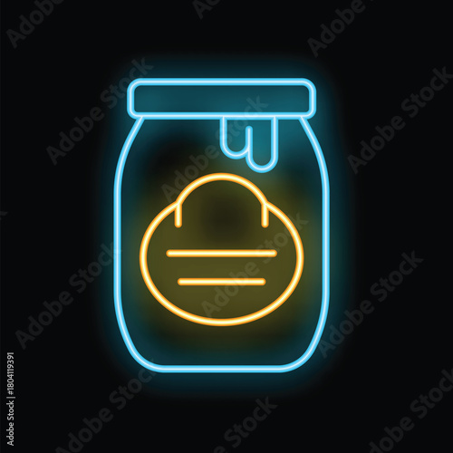 Glowing neon line icon of a honey jar with label, symbolizing sweetness and organic food, on black background