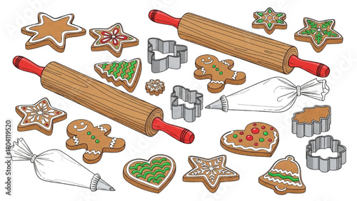 High-quality black outline colorful art of gingerbread cookies with rolling pins, cookie cutters, and frosting bags, festive holiday baking illustration