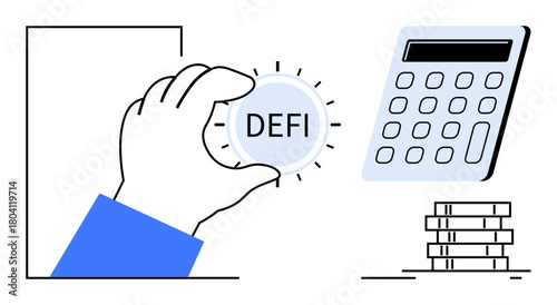 Hand holding DEFI token, paired with a calculator and coin stack symbolizing financial management, crypto, and tech innovation. Ideal for fintech, blockchain, investment, calculation, saving