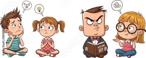 Cute cartoon children sitting and thinking with creative idea concepts, illustrated kids learning, problem solving, imagination, education, brainstorming, communication scene artwork