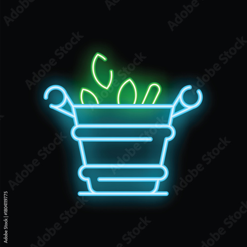 Bright neon sign depicting a plant growing in a pot, with gardening tools, perfect for themes of gardening, nature, or home decoration