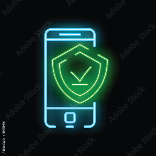 Neon icon of a mobile phone with a shield and checkmark, representing successful security measures