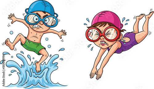 Cute cartoon children swimming in water with goggles and swim caps, playful kids learning to swim, fun water activity illustration for education