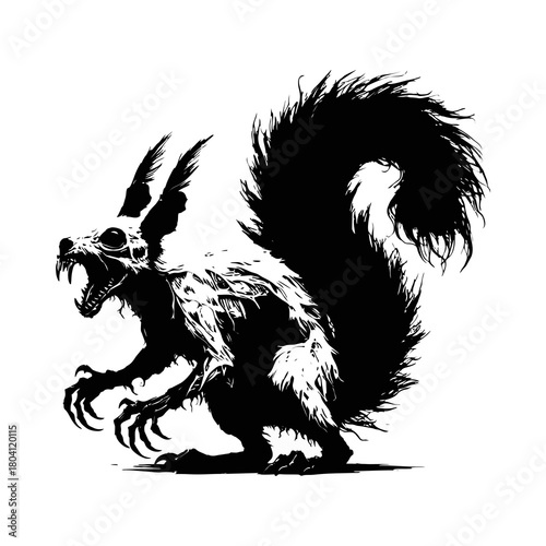 Creepy Skeleton Squirrel Vector Set. Gothic horror zombie and taxidermy animal illustrations isolated on white.