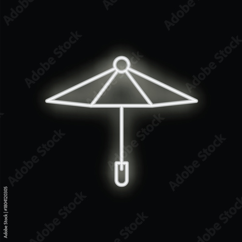 White neon sign depicting a beach umbrella, glowing brightly against a pitch black backdrop