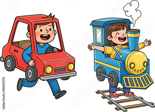 Happy children playing with cartoon car and train costumes, enjoying imaginative transportation activities, creative pretend play, fun learning and playful adventure scenes