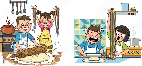 Kids cooking together making homemade noodles and dough in a fun kitchen scene, playful culinary activity, joyful children learning food preparation