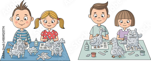 Kids crafting creative clay animals and monsters in an art workshop, fun children’s activity, imaginative sculpture making, playful handmade artwork session