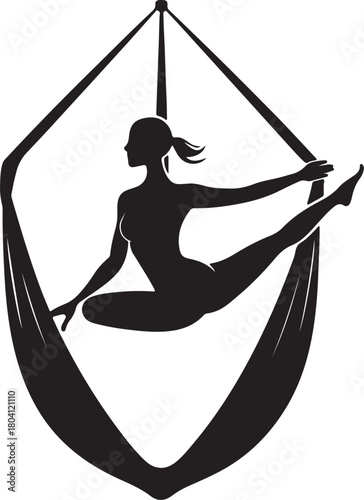 Aerial yoga pose, black silhouette of a woman suspended in a silk hammock
